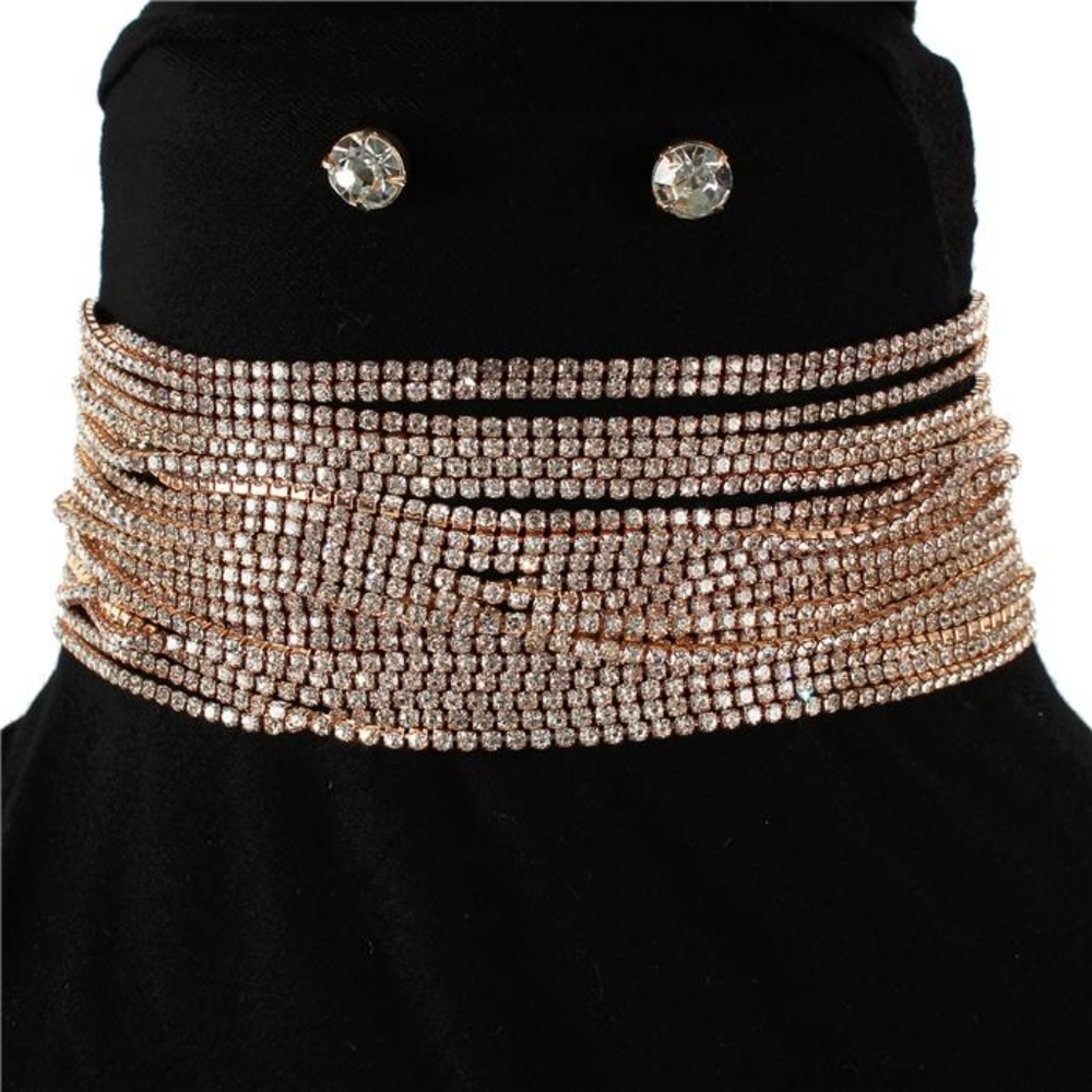 Gold Rhinestone Crystal Choker Multi Layered Necklace Bling Statement Set